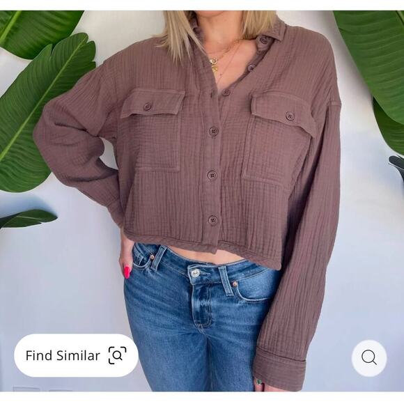 Bobi Cropped Button Up Shirt Long Sleeve Cotton In Bistro Brown Size Small NWT - Picture 1 of 10